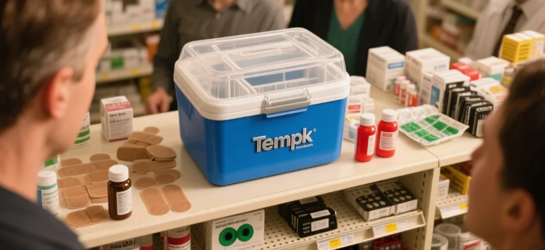Pharmaceutical cold chain shipment packout with insulated medical cooler box and cooling media