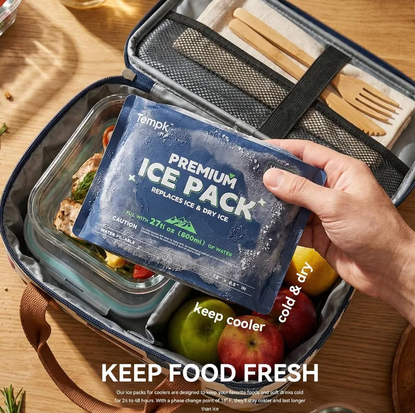 Water injection ice pack used in insulated food delivery cold chain packouts for chilled shipments