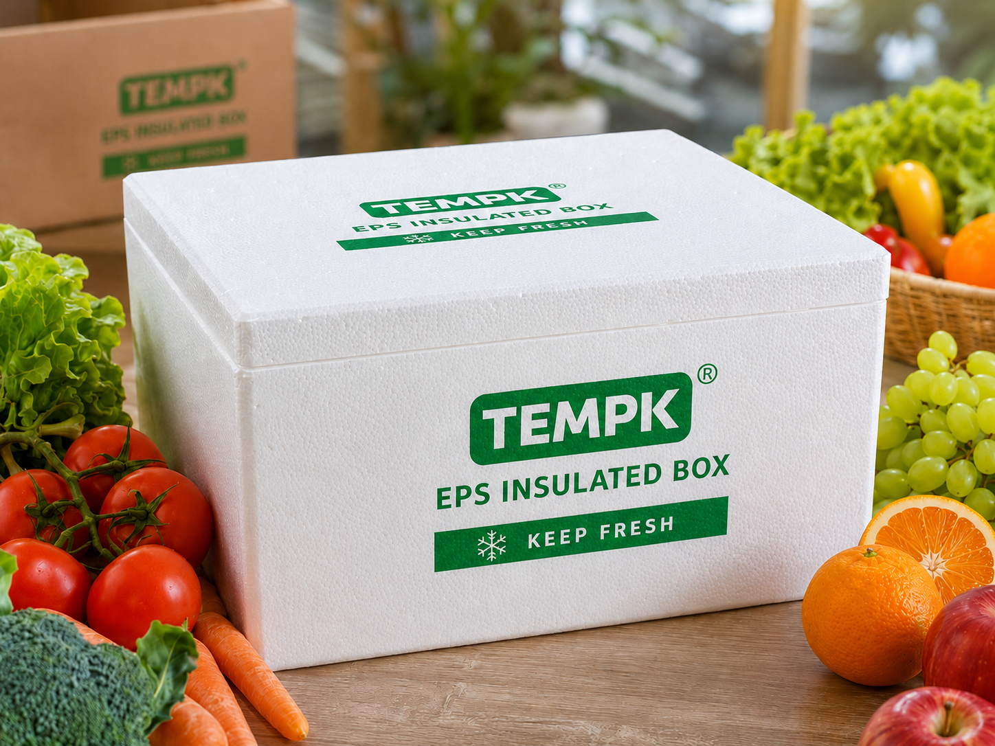 Tempk EPS insulated box with fresh fruit and vegetables for chilled cold chain shipments