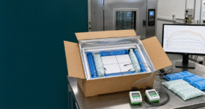 Configuración de prueba de embalaje de cadena de frío con cargador aislado, paquetes de refrigerante, sondas de temperatura y registradores de datos