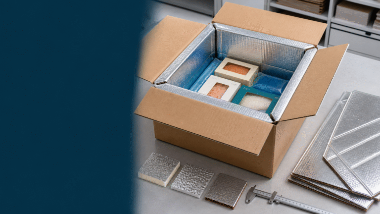 Custom reflective insulated box liner fitted inside a corrugated cold chain shipping carton