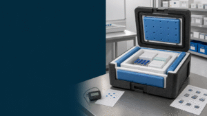 Pharmaceutical 2-8 C packout with insulated medical shipper, conditioned PCM panels and temperature logger