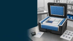 Pharmazeutisch 2-8 C packout with insulated medical shipper, conditioned PCM panels and temperature logger