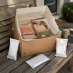 Open chilled meal kit delivery box with gel packs at a customer's doorstep