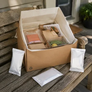 Abra la caja de entrega del kit de comida refrigerada con paquetes de gel en la puerta del cliente