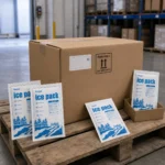 Closed corrugated seafood shipping box with gel ice packs in a warehouse