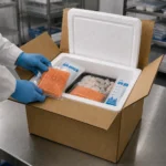 Worker packing seafood in an EPS insulated shipping box with gel packs