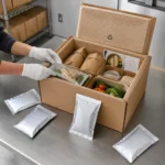 Worker packing chilled meal-kit ingredients in a paper-fiber insulated box