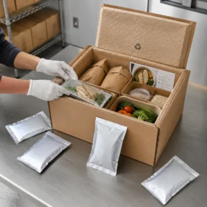Travailleur emballant les ingrédients réfrigérés du kit de repas dans une boîte isolée en fibre de papier
