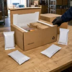 Meal kit insulated shipping box with gel packs on a fulfillment packing table