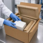 Worker packing a paper-fiber insulated shipping box for سلسلة التبريد delivery