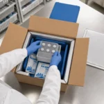 Laboratory technician packing temperature-sensitive vials in a VIP-PCM shipper