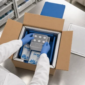Técnico de laboratório embalando frascos sensíveis à temperatura em um expedidor VIP-PCM
