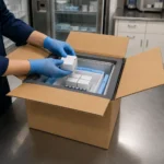Technician loading medicine cartons into a VIP-PCM pharmaceutical shipper